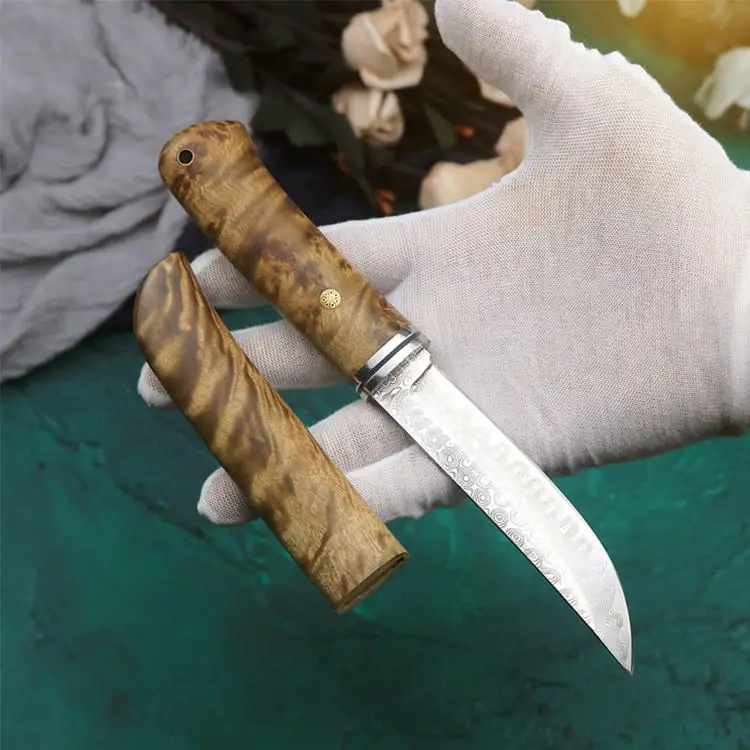 Sang trọng Damascus thép cố định dao toàn bộ gỗ tay dày gỗ tròn phong cách săn bắn Dài Ngoài Trời dao với Hộp quà tặng