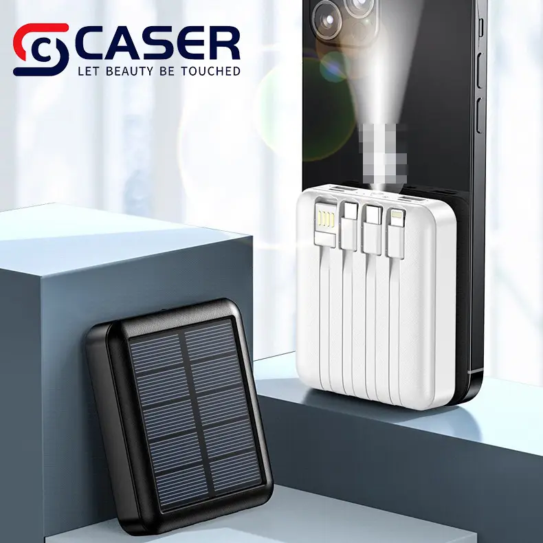 Portátil de gran capacidad 10000mAh Linterna Panel solar Powerbank con Micro USB TIPO C 4 en 1 cable incorporado