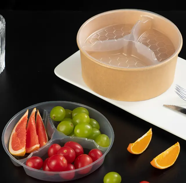Одноразовый круглый пластиковый трехклеточный внутренний лоток можно использовать для хранения фруктов и жареной курицы