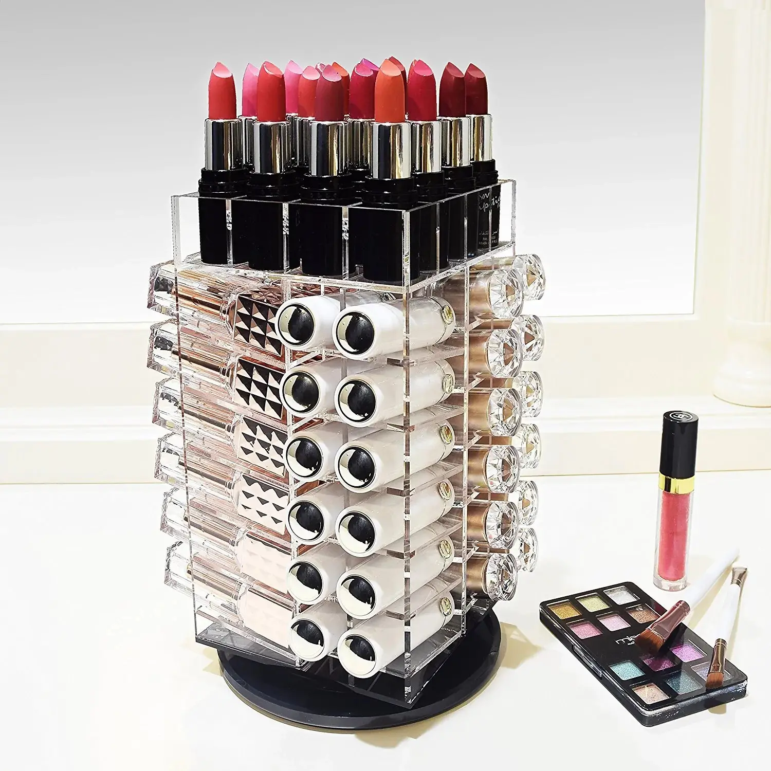 Torre de armazenamento de gloss labial, caixa rotativa de maquiagem 64 espaços organizador de batom acrílico