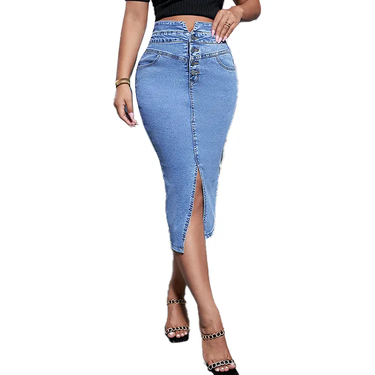 Gonne a matita elastiche in denim da donna jeans aderenti spaccati da donna gonna midi in denim stile vita alta con tasche