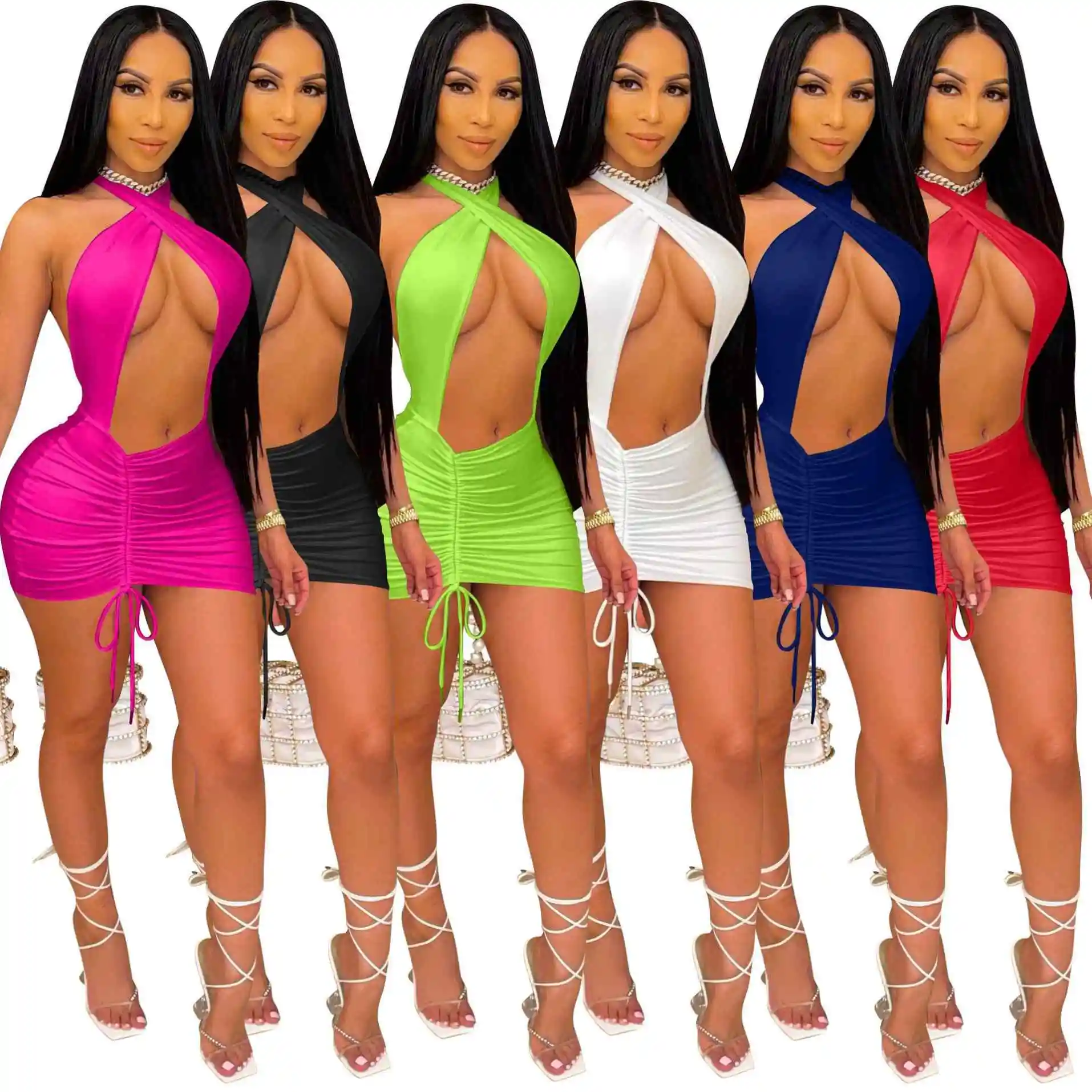 String Ladies Halter Cut Out Backless Party Sexy Club Bodycon Mini vestidos Verano Tallas grandes Vestido de mujer