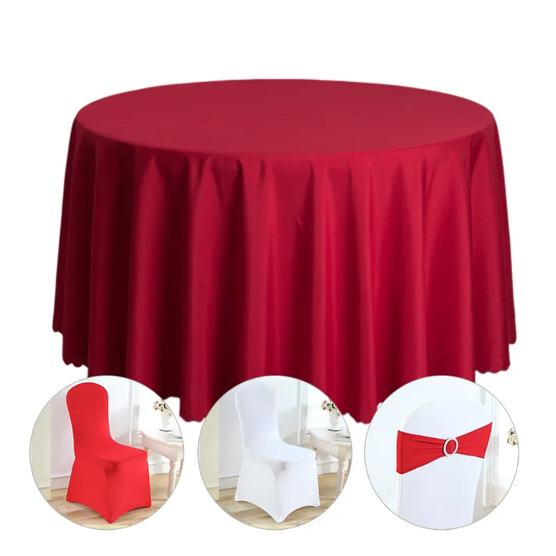 Toptan kırmızı altın 132 inç yuvarlak masa örtüleri 100% Polyester masa örtüsü ziyafet düğün için Fit yuvarlak masa