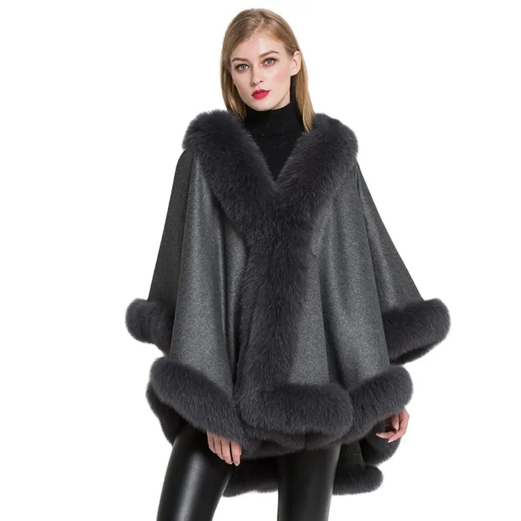 Cape en cachemire, pour femme, Poncho, châle, tendance, véritable fourrure de renard, vente en gros,