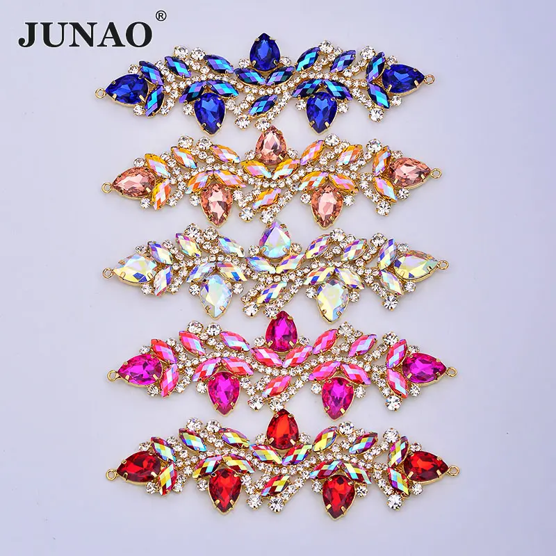 JUNAO 45*140mm 로즈 AB Strass 비키니 커넥터 골드 클로 크리스탈 꽃 아플리케 바느질 Flatback 유리 라인 석 체인