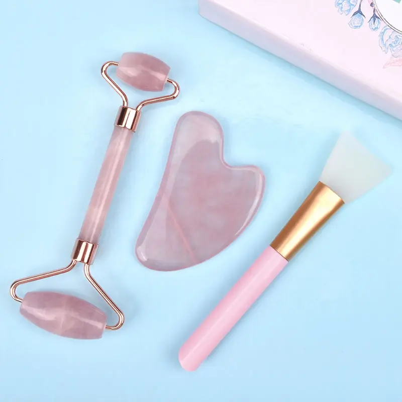 Strumento di massaggio facciale di bellezza Rouleau de Quartz Rose Massage Set regalo rullo di giada al quarzo rosa e Set Gua Sha con scatola