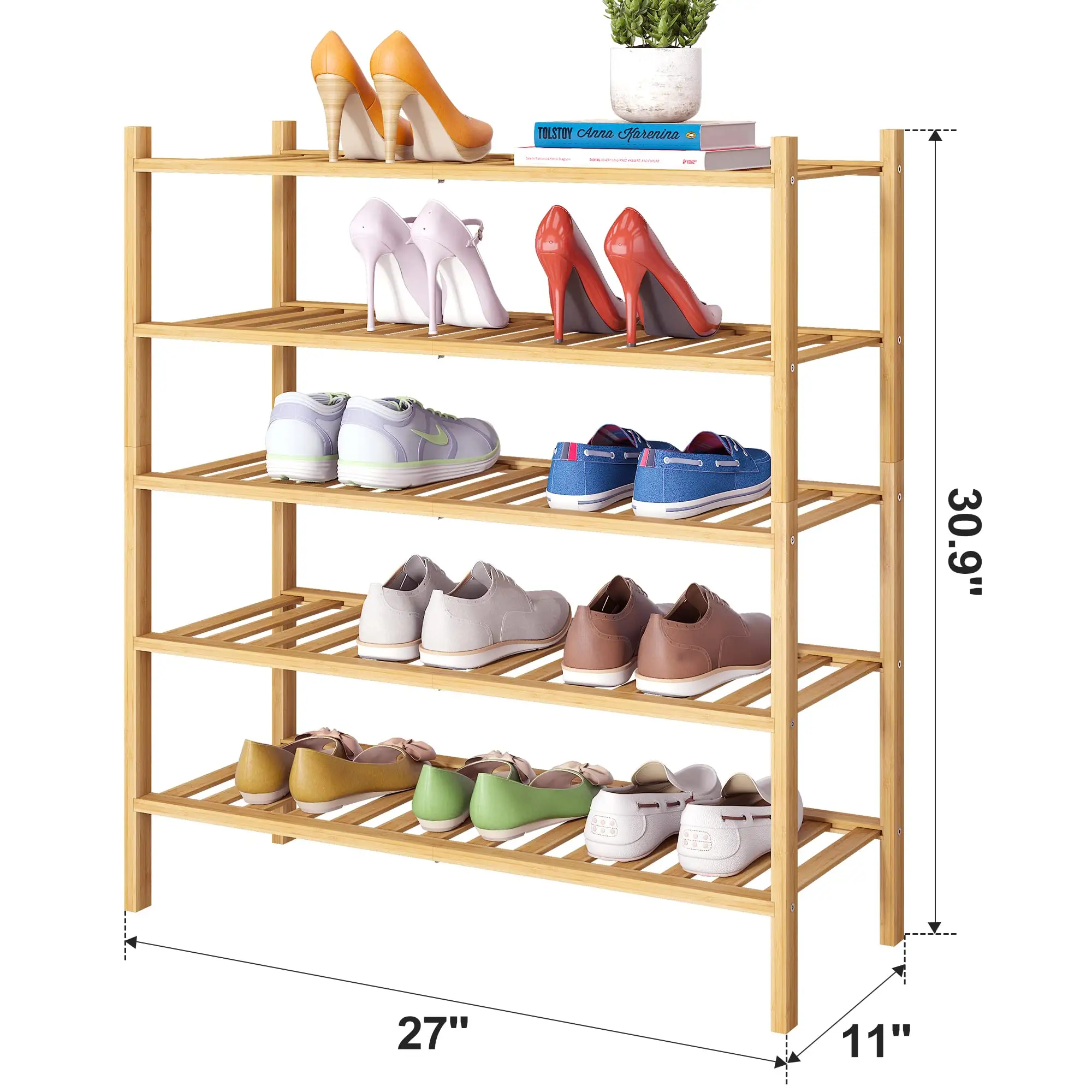 Étagère à chaussures en bambou à 5 niveaux, organisateur de rangement à chaussures empilable pour unité entrée couloir et placard étagère à chaussures robuste