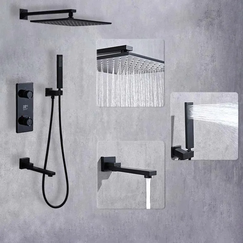 Système de douche commercial haut dissimulé à trois fonctions de style carré noir mat avec ensembles de douche de bain à effet pluie à affichage numérique