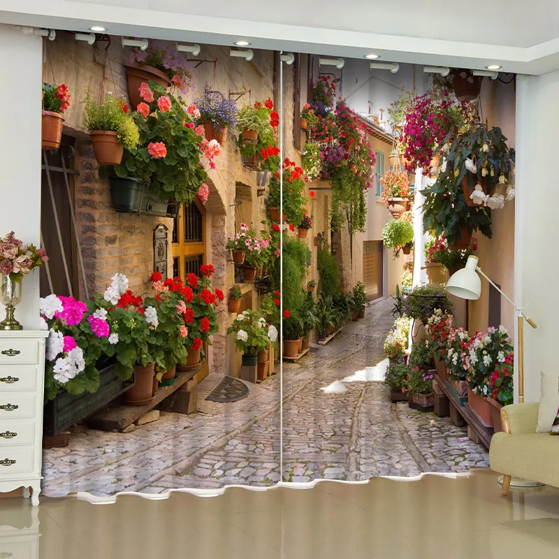 European Street View Alley Polyester 3D Imprimé Paysage Floral Photo Rideau de créateur occultant pour le salon
