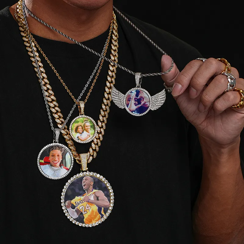 Joyería de Hip Hop para hombres y mujeres, colgante de foto en blanco con diamantes de circonita incrustados en oro de 18K, foto personalizada, medallón de memoria, collar con imagen