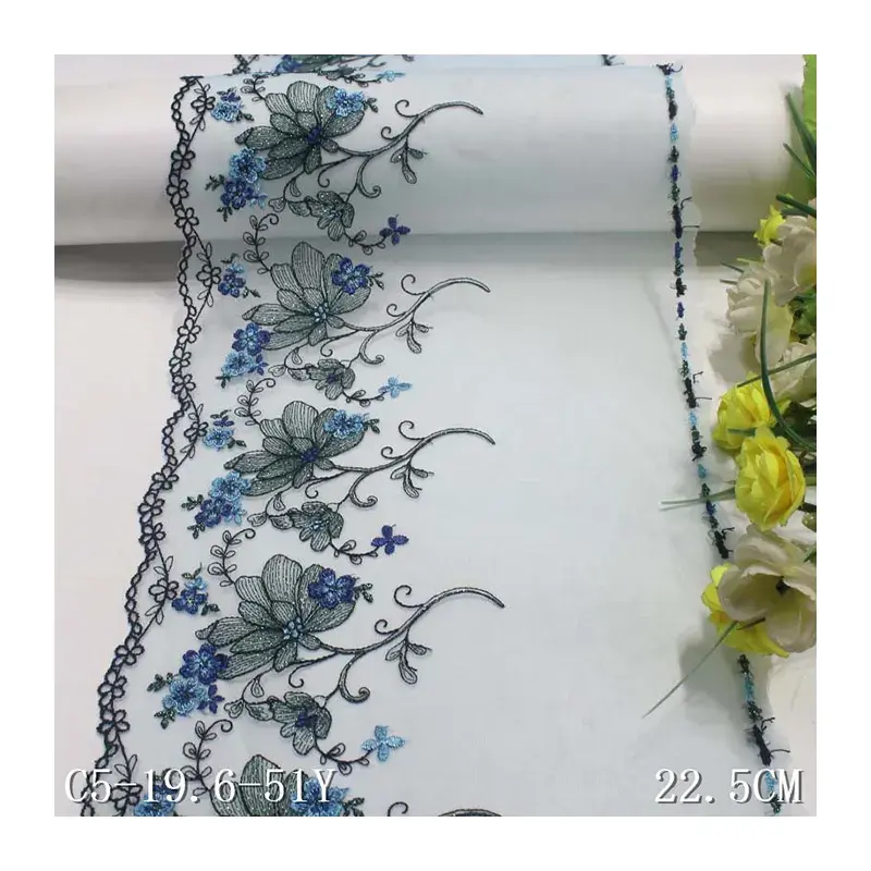 Renda bordada azul claro, brilhante flores design de roupas cortina acessórios 19cm malha renda