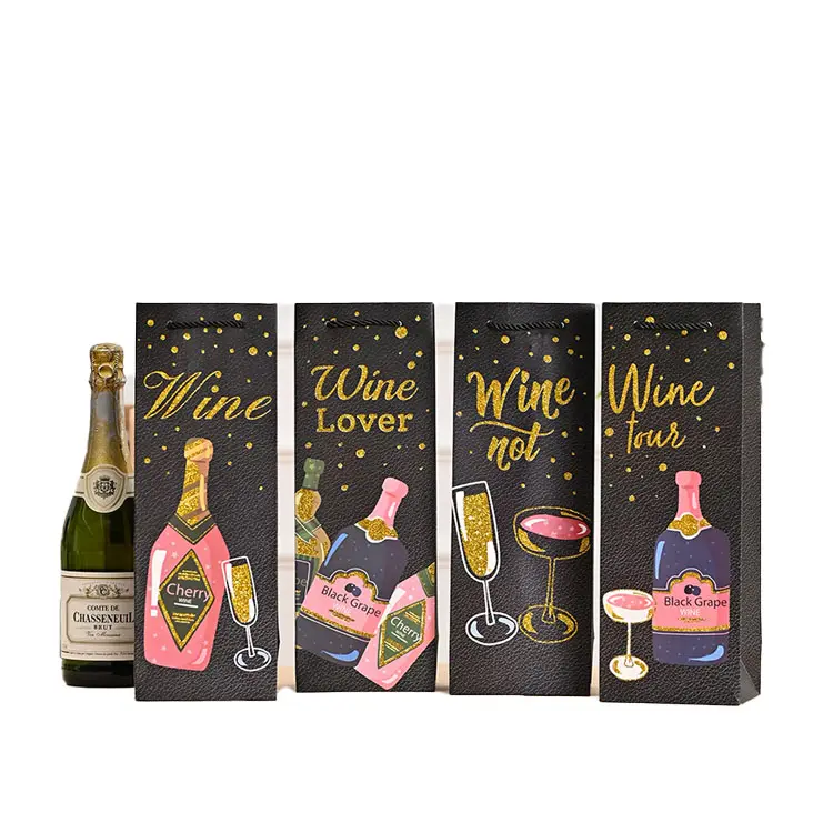 Sacos de papel de papel para embalagem de presente de vinho preto de luxo com logotipo personalizado em massa para festivais de alta qualidade