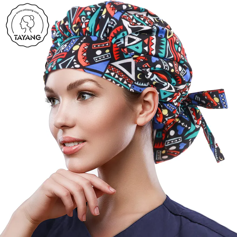 RTS Printing Hair Cap Double Layer Wide Half Elastic Band cuffie chirurgiche foderate in raso per infermiere con nastro di seta