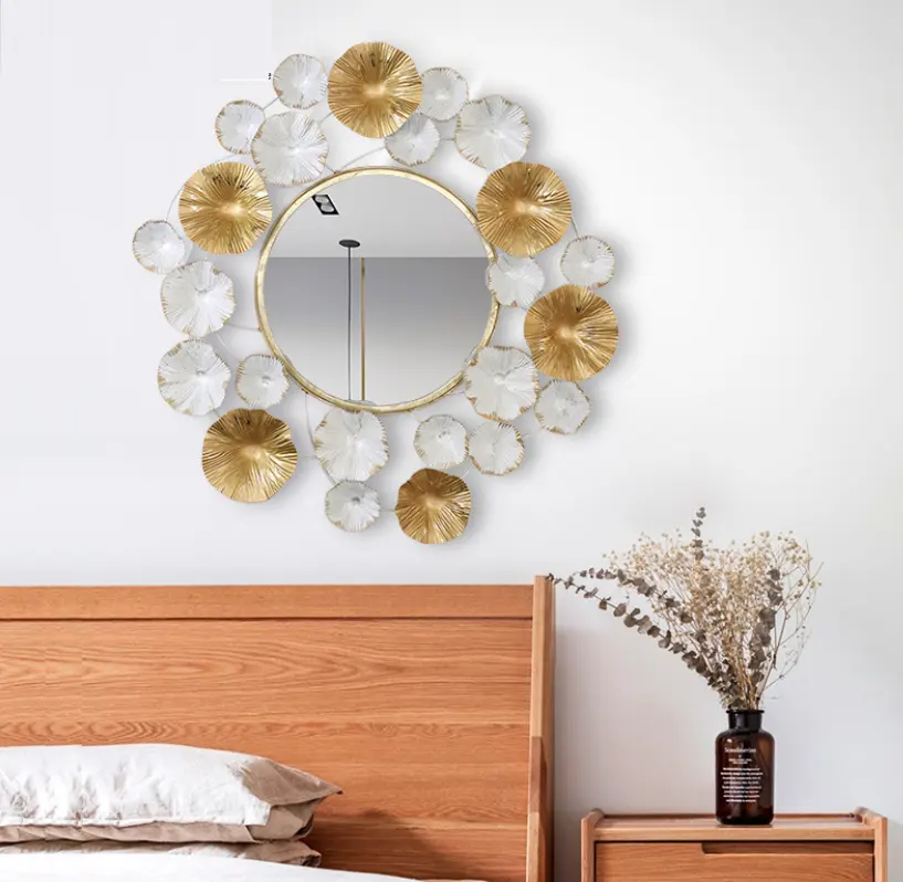 Miroir artistique mural en forme de fleur de soleil, cadre métallique, décoration de maison, pour le salon, grande taille, en forme de feuilles et de soleil