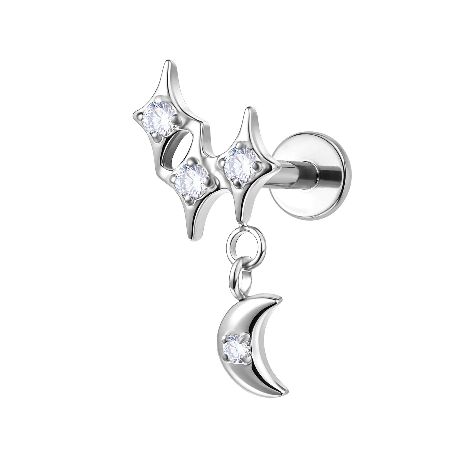 Clou de labret plat argenté 3 étoiles
