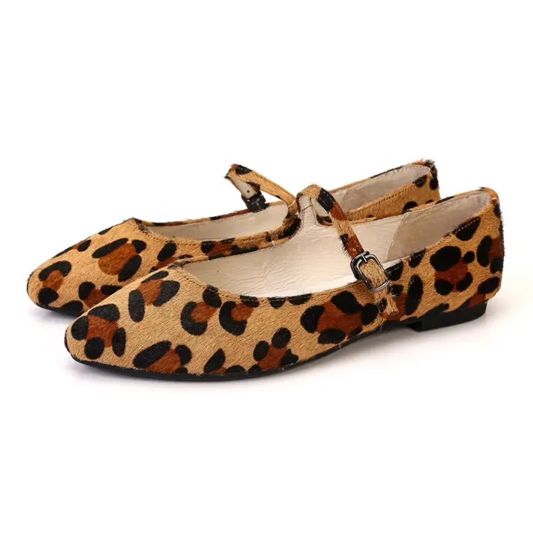 Moda nuevo estampado de leopardo punta puntiaguda hebilla Correa Mary Jane zapatos cuero pelo de caballo zapatos planos Casuales