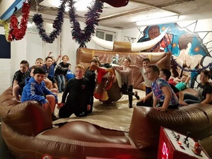 Inflatable Bull Riding Machine Rodeo Reindeer Round Rodeo Bed with Santa Feature Back Wall and Engaging <strong>Rudolf</strong> Reindeer Head - Product Image 6