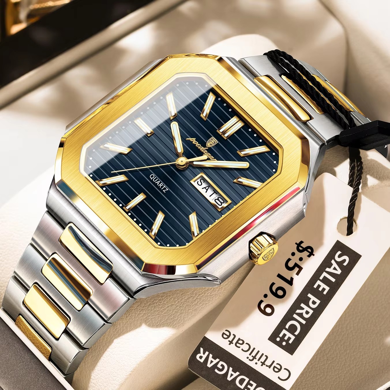 3 quadranti blu, cinturino argento e oro
