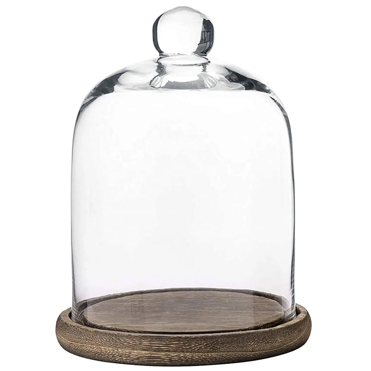 Caja decorativa de centro de mesa personalizada, campana de cristal transparente, campana, campana, cúpula con asa superior y base de madera marrón