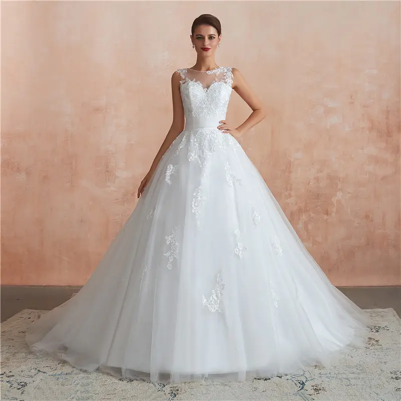 Abito da ballo con Applique collo illusione bianco/avorio 2019 abiti da sposa con foto reali per donne grasse abiti da sposa taglie forti di alta qualità