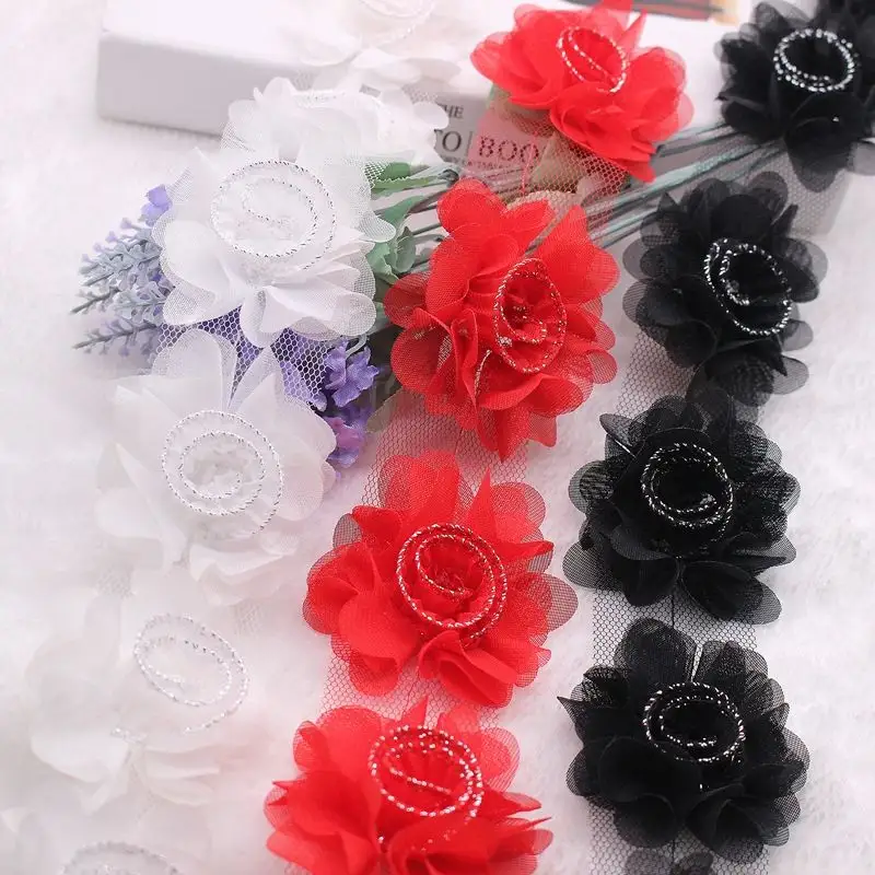 Prodotto di vendita caldo 6.5cm 3D Chiffon fiore tessuto di pizzo ricamato per abbigliamento abito accessori decorativi XF21 12 fiori/y