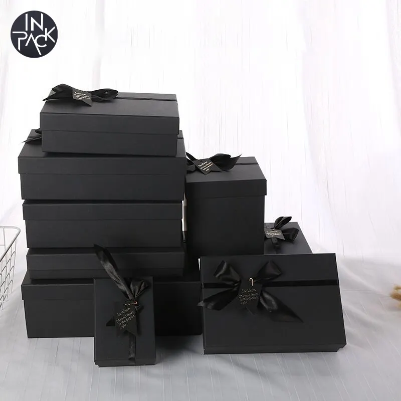 Custom Cardboard Craft Gift Packaging Box Perfume Cosmetic Luxury Cover Small Packing Black Paper Box With Ribbon Bow Ties Lids