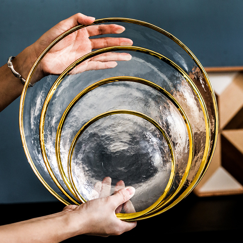 Juego de vajilla de vidrio con borde dorado (versión martillada/transparente)