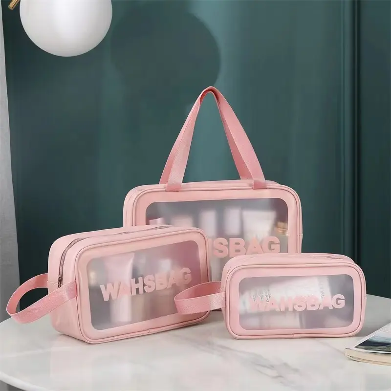 Bolsas de compras de cosméticos de PVC transparente con logotipo personalizado al por mayor, neceser de viaje impermeable para maquillaje de mujer, neceser con cremallera
