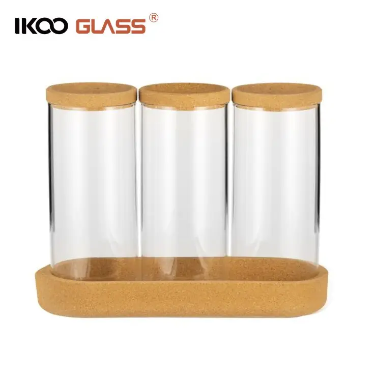 IKOO wholesale storage glass jar with cork lid and tray for cotton balls, cotton swabs, food