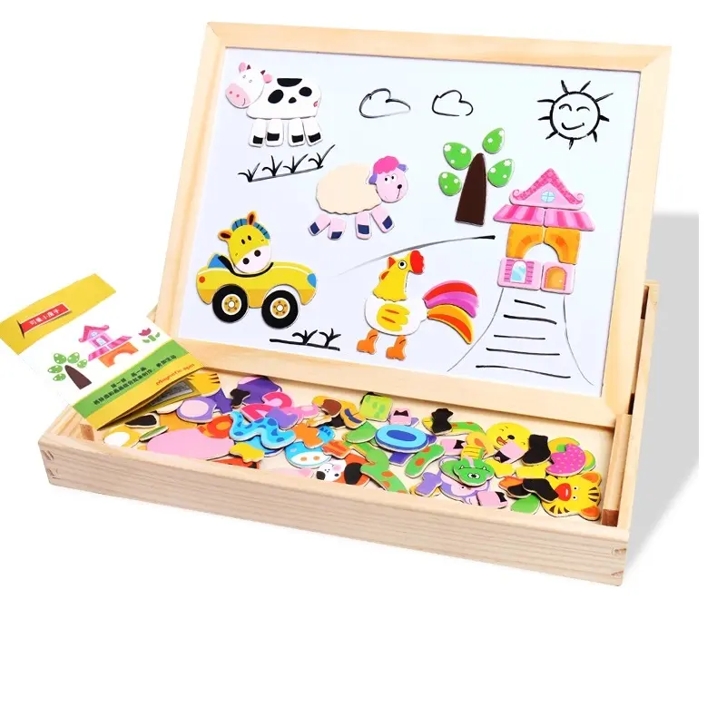 Children Wooden Jigsaw Puzzles Animal 2 Sides Magnetic Drawing Board Early Learning Educational Toy