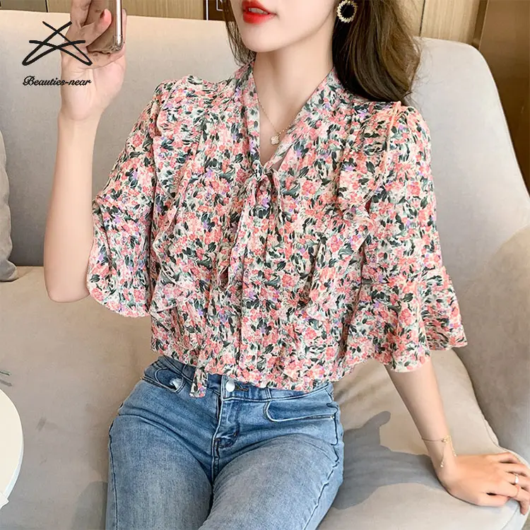 Blusa informal de gasa con media manga para Primavera, camisa de gasa con lazo para mujer