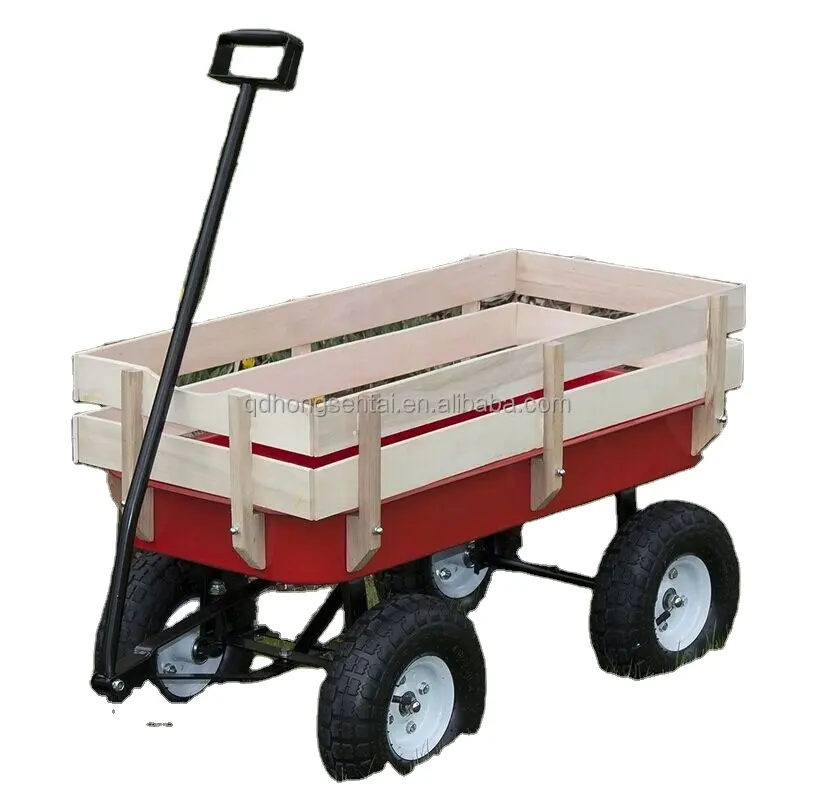 Carrito de ruedas grandes para niños, carrito de tracción de jardín de madera para todo terreno, Color Rojo