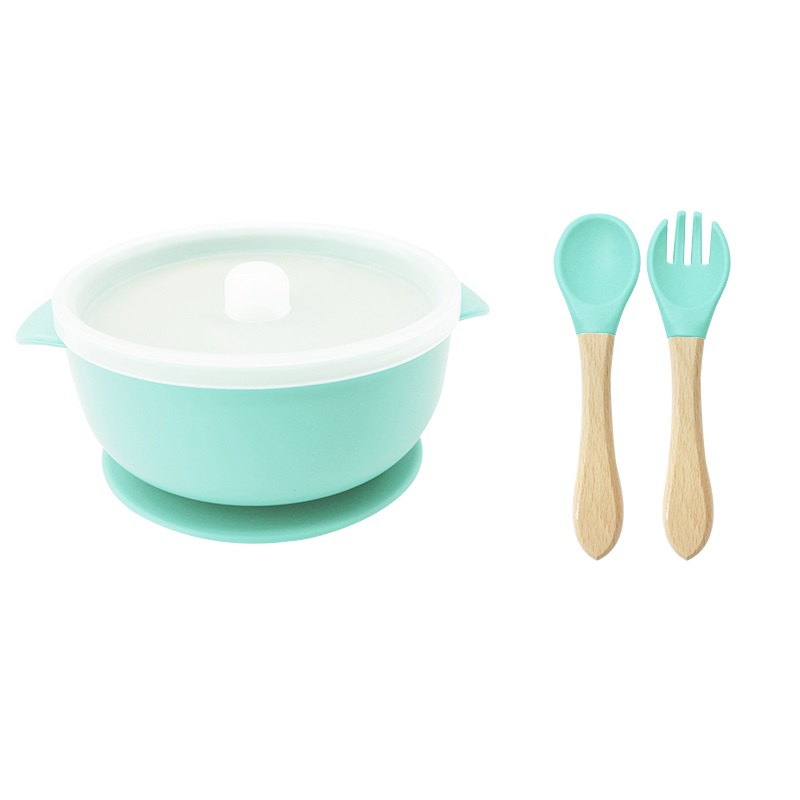 Short ear silicone bowl with spoon fork-mint