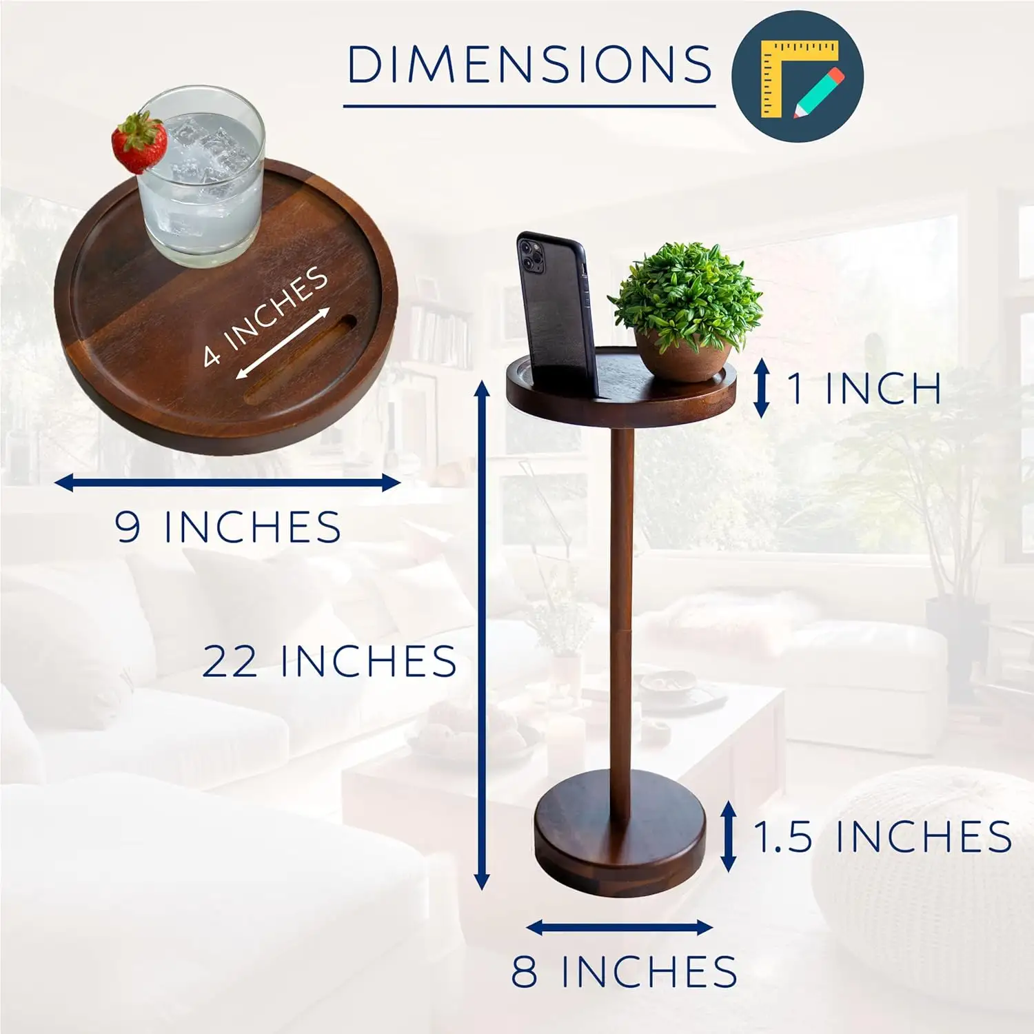 Holztisch Sockel mit Telefonhalterung kleiner runder Seitentisch wettbewerbsfähiges Akazienmaterial Tischset