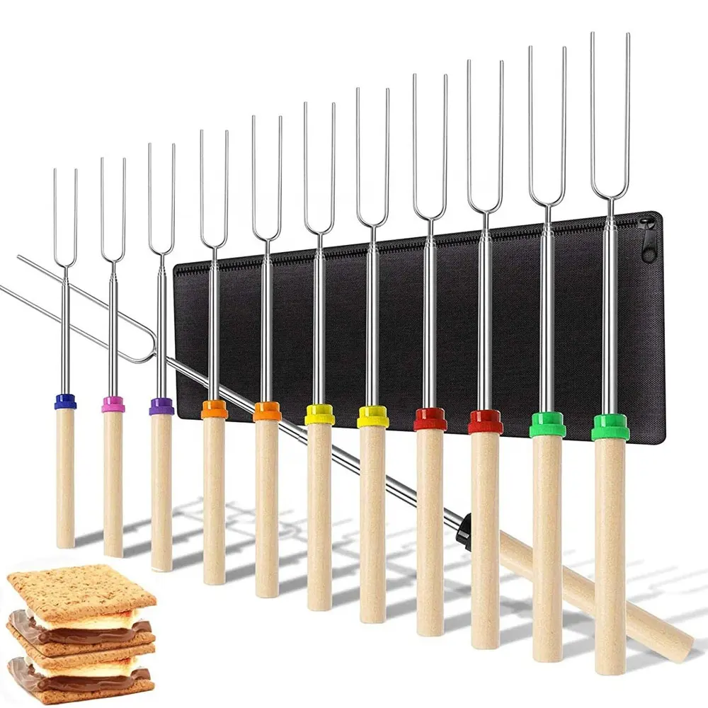 Venta al por mayor extensibles pinchos de madera barbacoa pincho palo mango de madera barbacoa tenedor conjunto para barbacoa perrito caliente, cocinar, fogatas