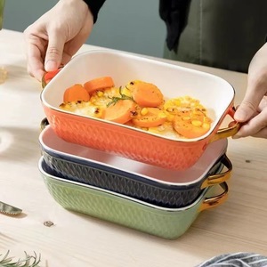 3-Color Ceramic <strong>Baking</strong> Tray Dish <strong>Golden</strong> Handles Multi-Shape Kitchen Bakeware Luxury Non-Stick Pan <strong>Baking</strong> Serving Restaurants - Product Image 2