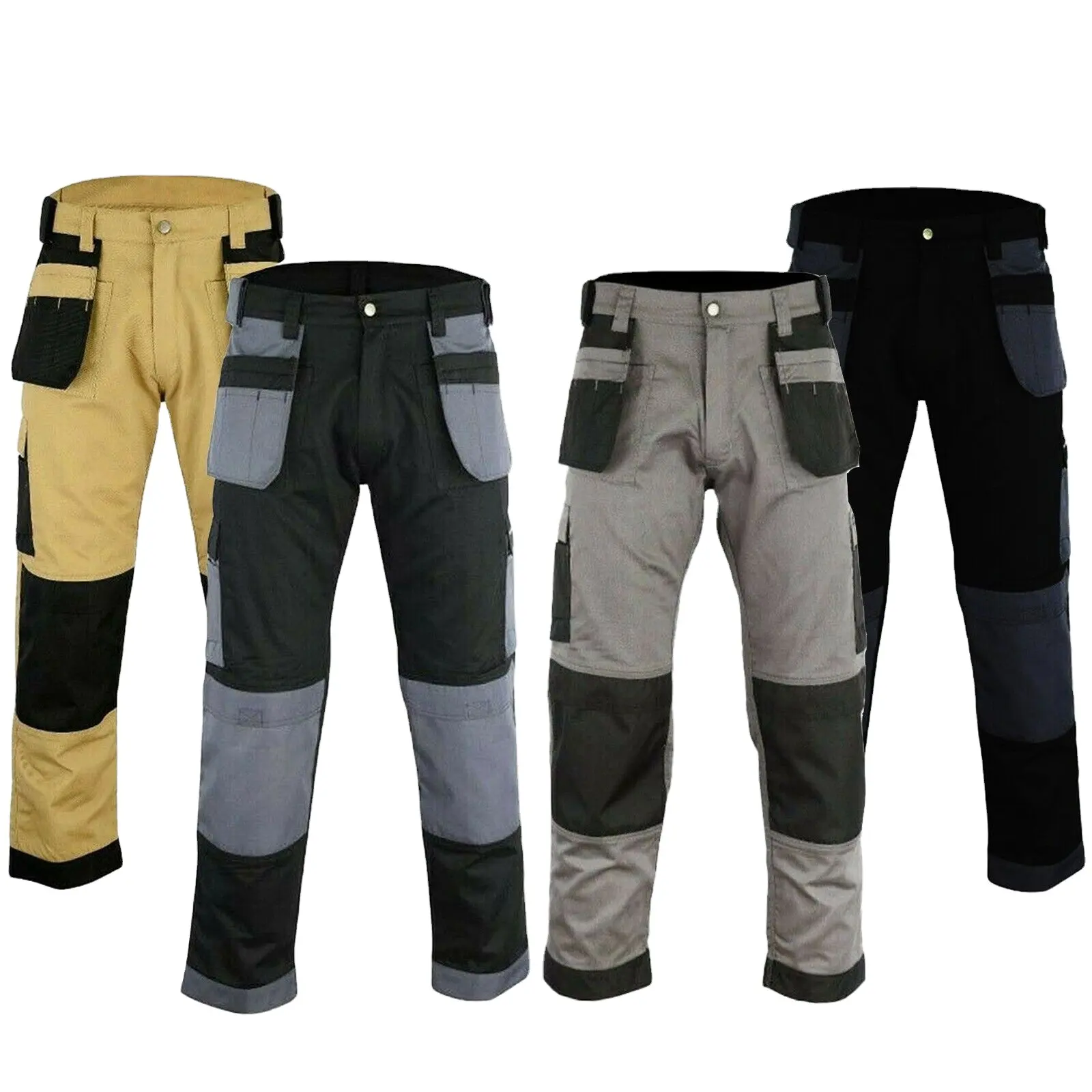 Pantalon de travail cargo industriel pour hommes, genouillère kaki, pantalon de combat résistant, pantalon de randonnée, poche grise, tissu en toile noire