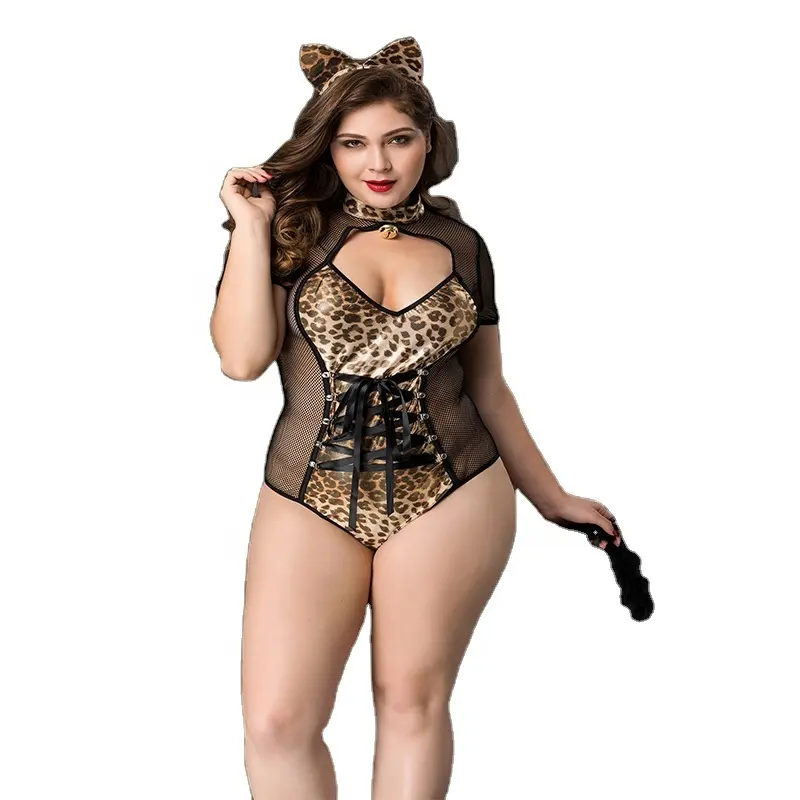 Sexy Katze Frau Kostüm Leoparden muster Erwachsene Catwoman Plus Size 2xl Sexy Dessous Dekoriert mit Hollow Out, Bodysuit Transparent