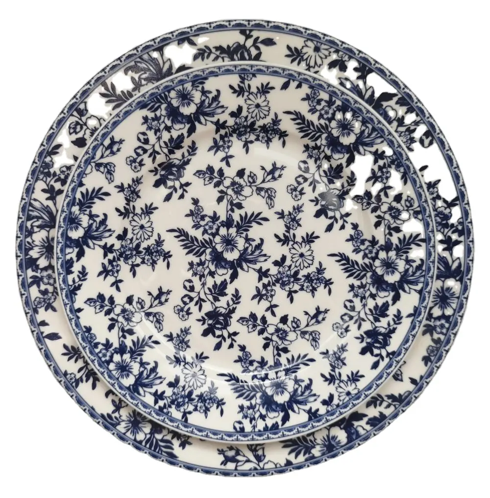 Service de table bleu et blanc en céramique et fleurs, ensemble de vaisselle, de luxe, assiettes pour dîner