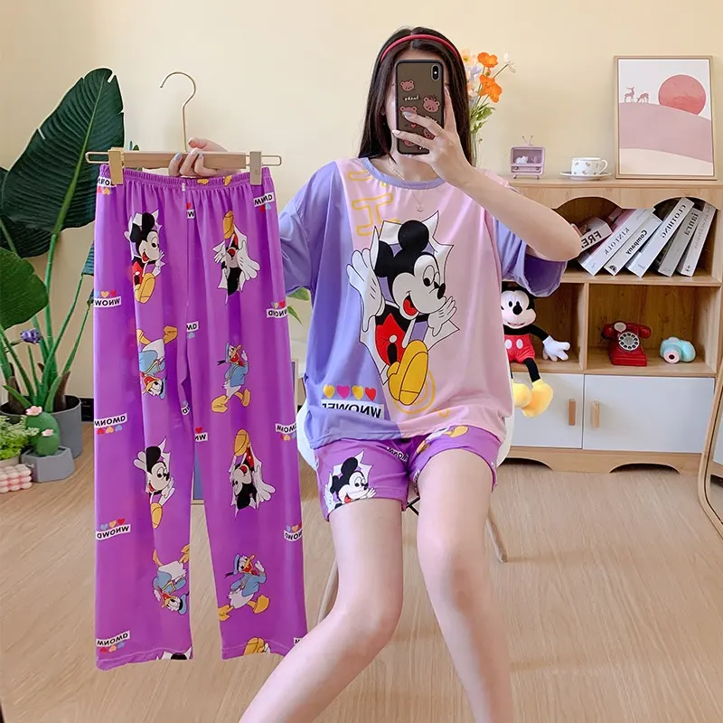 Spring und Summer Short-Sleeved Trousers 3Pcs Set Homewear Cartoon Casual Korean Pajamas Suit Cool Soft Milk Silk Sleepwear