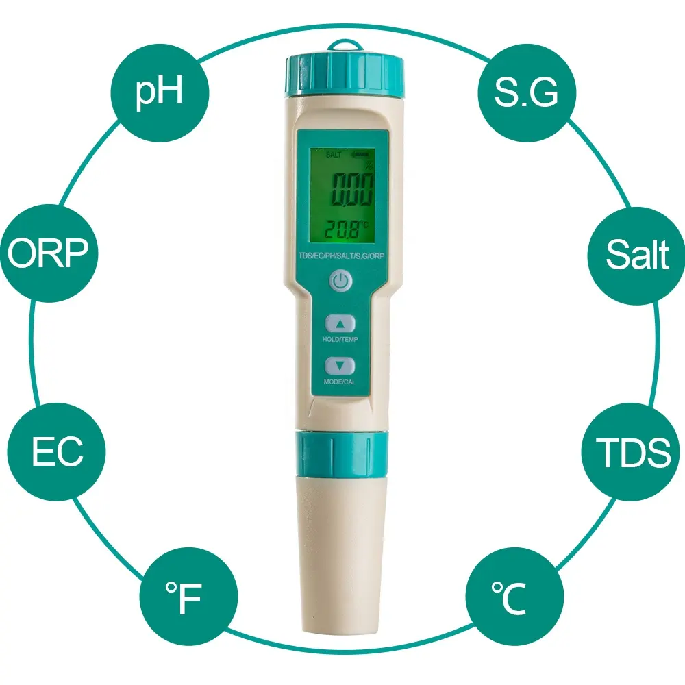 Probador de pH de agua, pluma orp, medidor 7 en 1, tds/ec/salinidad/orp, medidor de temperatura