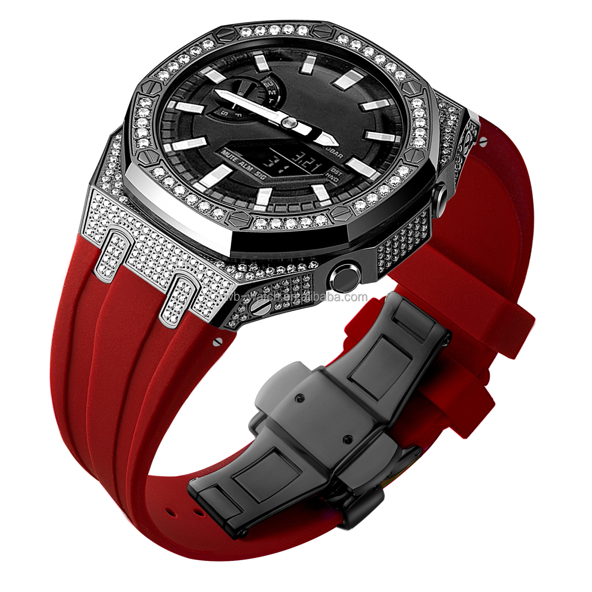 Diamond Set Black Ring + Black Case + Red Strap