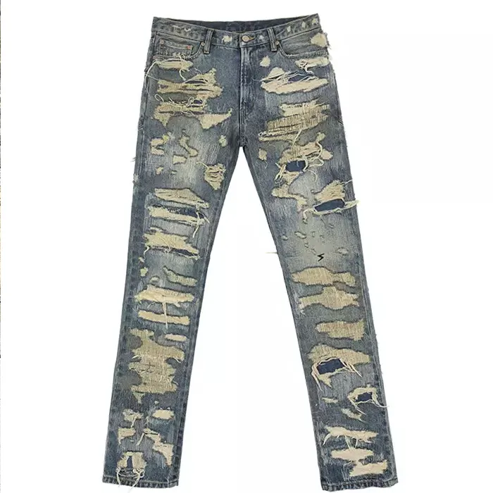 Benutzer definierte OEM italienische Männer hochwertige Vintage Denim zerrissene Männer Skinny Stretch Plain ausgestellte gestapelte Jeans
