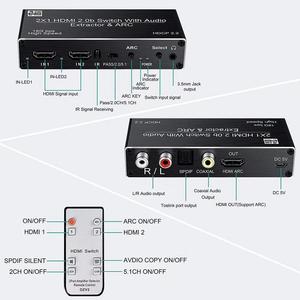 2x1 Conmutador 2 entrada 1 salida HDMI 2.0b arco 4K 60Hz Conmutador con 3,5mm R/L Coaxial SPDIF Audio Extractor