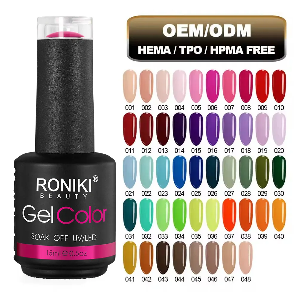 RONIKI muy buenos productos para uñas al por mayor color acrílico Hema libre OEM UV gel polaco brillo remojo gel esmalte de uñas OEM