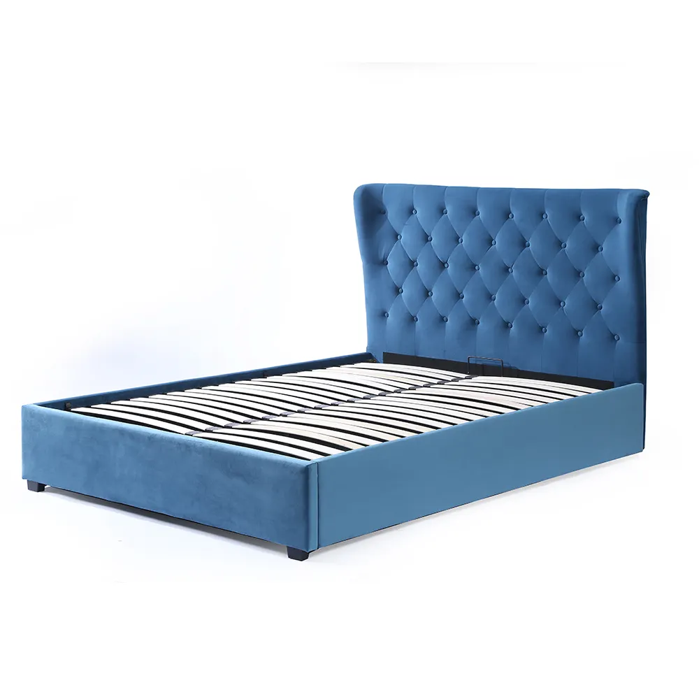 Mobili per camera da letto di lusso di alta qualità colore velluto blu testiera alta pouf ascensore a gas stoccaggio doppio letto in velluto italiano Design