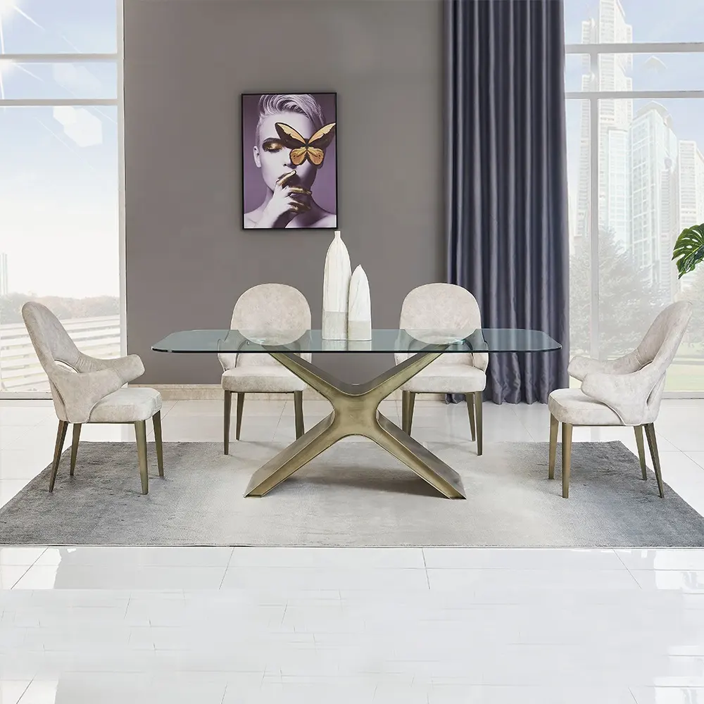 Mesa de comedor moderna de 10 plazas, mueble para sala de estar, hierro con cristal templado claro, dorado