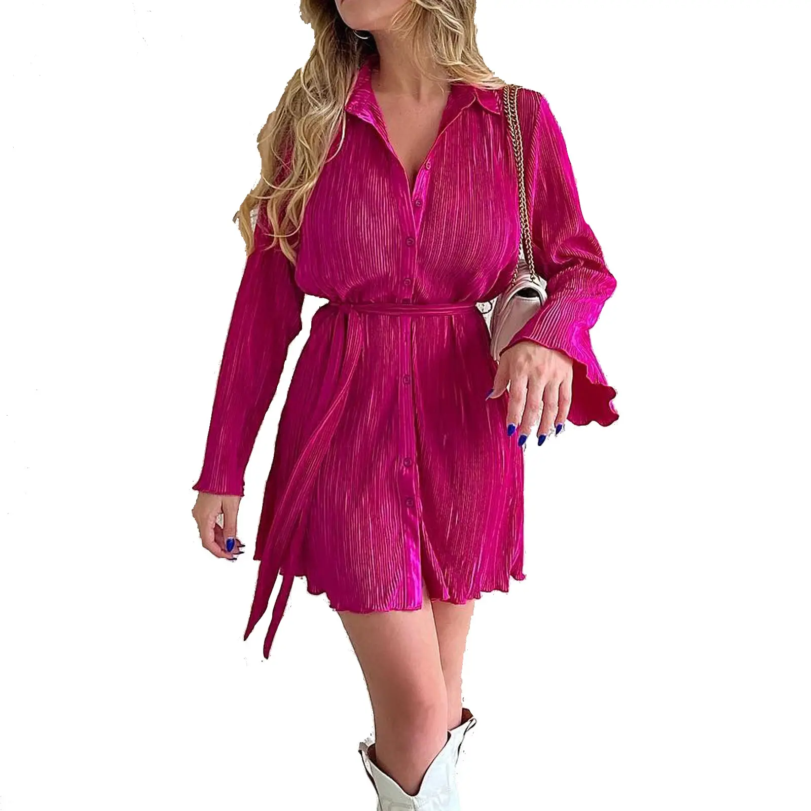 New Women's Romantic And Elegant Chiffon Pleated Party Dress Ladies Button Down Casual Dresses