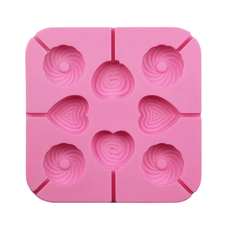 Venta caliente OEM 8 cavidad caja de cartón herramientas para hornear reutilizable alimentos en forma de corazón Lollipop moldes caramelo molde de pastel de silicona de molde de hornear