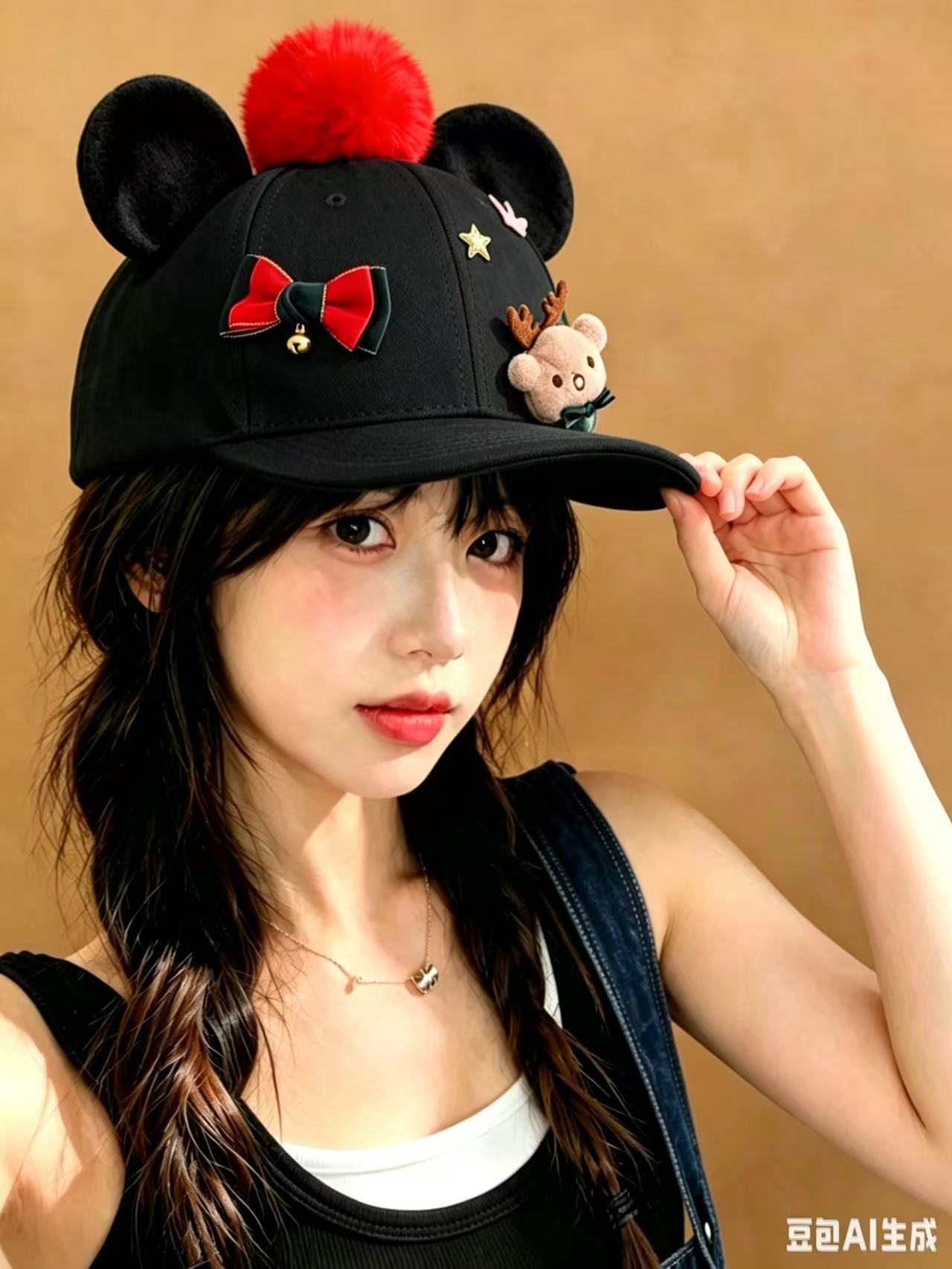 Christmas big fur ball with little deer baseball cap-black